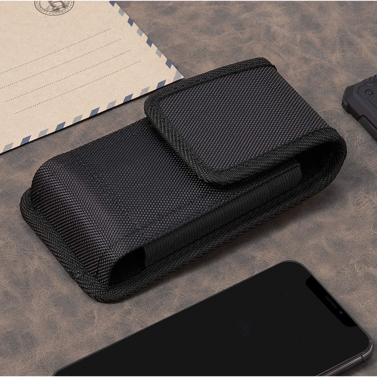 For Apple iPhone 16 Pro (6.3") Nylon Canvas Fabric Waist Belt Holster Vertical Pouch Holds Large Phone Works with Thick Cases Universal Cover [Black]