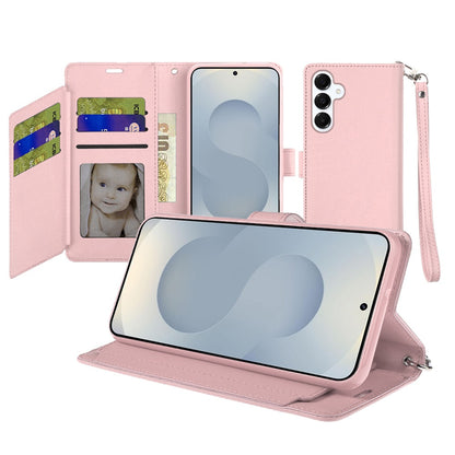 For Samsung Galaxy S26+ / S26 Plus Wallet Cases PU Leather with Credit Card /ID /Cash Holder Slot Dual Flip Book Pouch, Stand and Strap Case Cover Rose Gold