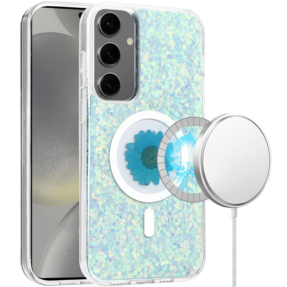 For Samsung Galaxy S25 /S24 MagSafe Compatible Glitter Flower Epoxy Hybrid Slim TPU Case, Magnetic Circle Design, Sparkly Bling Protective Case Cover