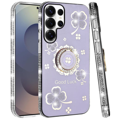 For Samsung Galaxy S26 Ultra Diamonds Bling All Around Edges Sparkly Glitter Hybrid with Ring Stand Holder Fashion Good Luck Case Cover