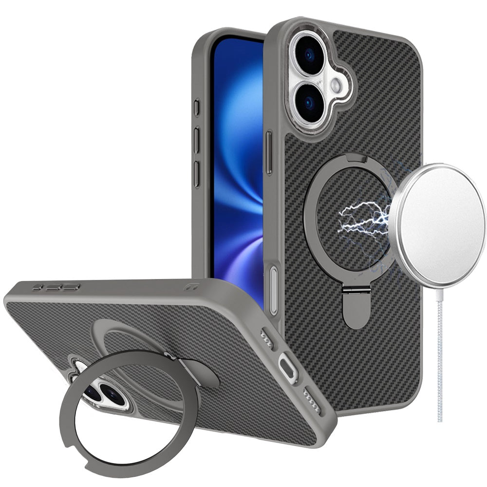 For Apple iPhone 17 (6.3") Hybrid Carbon Fiber Design with MagSafe Compatible [Magnetic Circle], Ring Stand Shockproof Slim TPU Case Cover