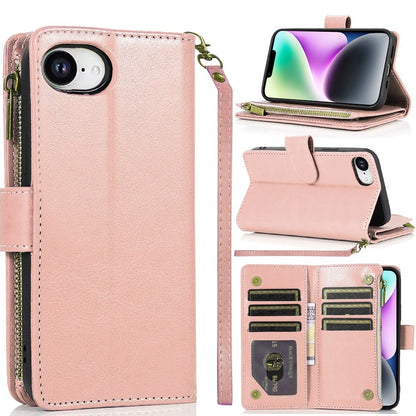 For Apple iPhone 17E /16E Leather Wallet Case with Zipper, 9 Card Slots, Cash Pocket, Stand & Strap, Clutch Pouch Design Case Cover Rose Gold