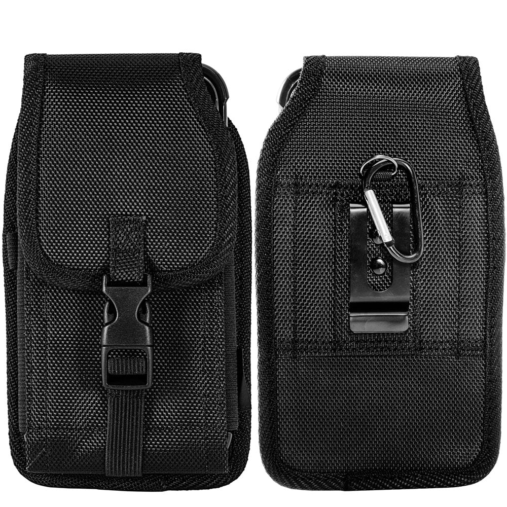 For Apple iPhone 16 Plus (6.7") Universal Pouch Case Horizontal Phone Holster Nylon Cover with Front Buckle, Belt Clip Loop & Hook Carabiner XL [Black]