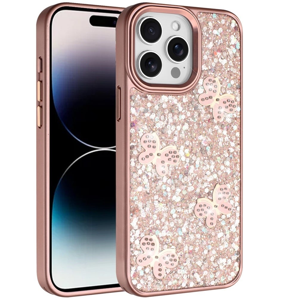 For iPhone 14 Pro Max (6.7") Cute Butterfly Crystal Diamond Glitter Case Sparkle Bling Frame Metallic Edges, Shimmer TPU Hybrid Case Cover