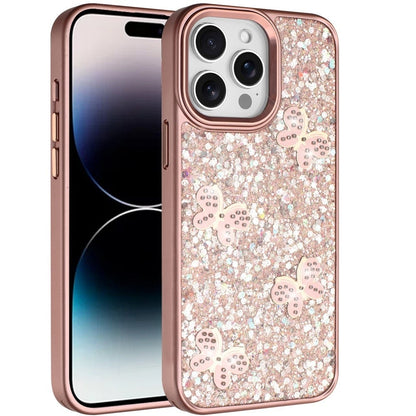 For iPhone 14 Pro Max (6.7") Cute Butterfly Crystal Diamond Glitter Case Sparkle Bling Frame Metallic Edges, Shimmer TPU Hybrid Case Cover