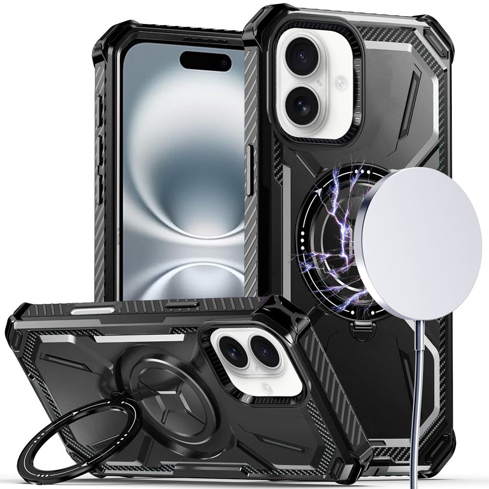 For iPhone 16 (6.1") Shockproof Hybrid Magnetic Ring Case - 360° Rotatable Stand with MagSafe Compatibility Case Cover