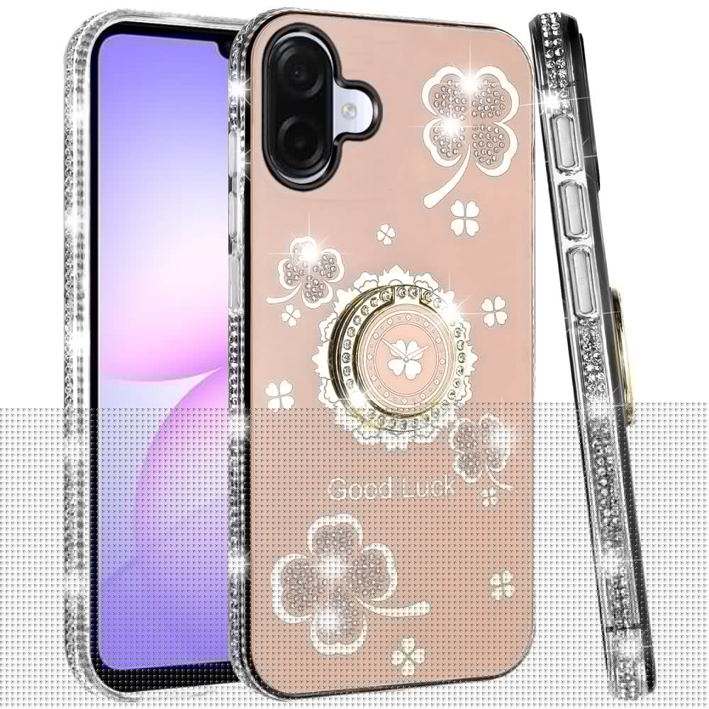 For Samsung Galaxy A07 Diamonds Bling All Around Edges Sparkly Glitter Hybrid with Ring Stand Holder Fashion Good Luck Case Cover