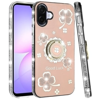 For Samsung Galaxy A07 Diamonds Bling All Around Edges Sparkly Glitter Hybrid with Ring Stand Holder Fashion Good Luck Case Cover