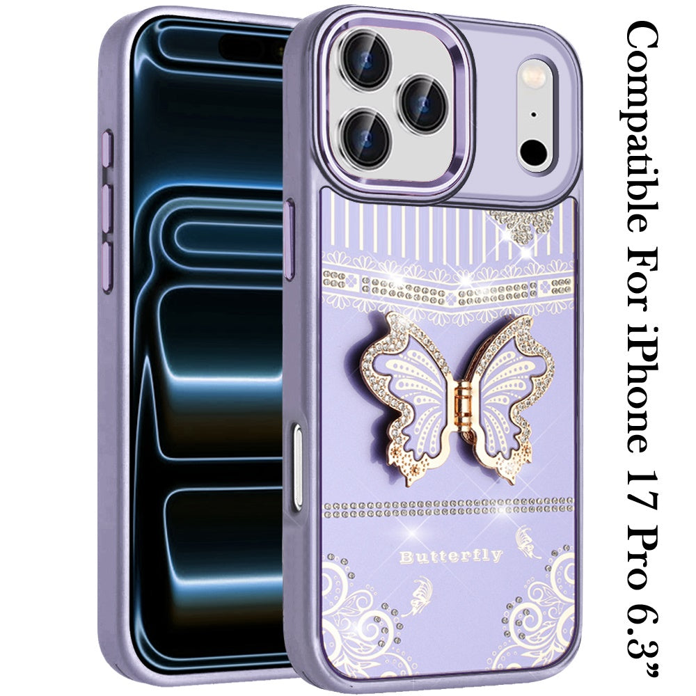 For Apple iPhone 17 Pro (6.3") Glitter 3D Butterfly Design Bling Metallic Edge Hybrid Stand Drop Protection TPU Shockproof Case Cover