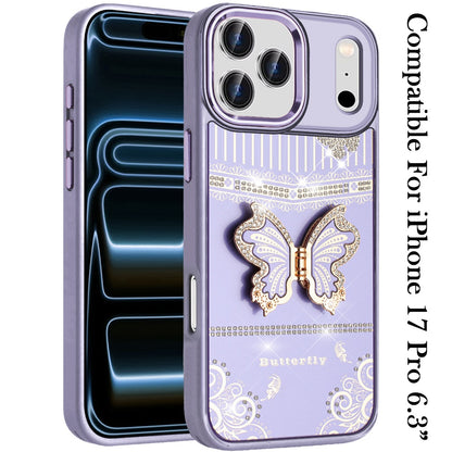 For Apple iPhone 17 Pro (6.3") Glitter 3D Butterfly Design Bling Metallic Edge Hybrid Stand Drop Protection TPU Shockproof Case Cover