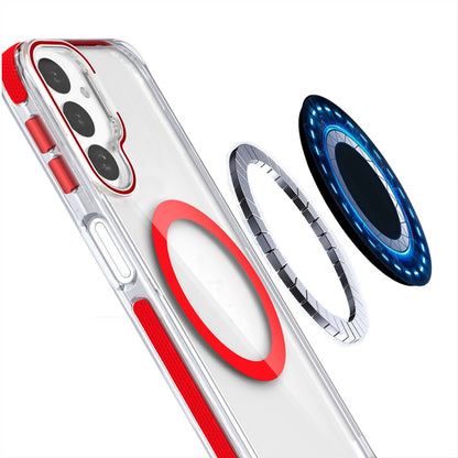 For Samsung Galaxy A17 5G Hybrid Clear Back Case with Invisible Camera Bracket Stand, MagSafe Magnetic Circle, Shockproof Color Frame Case Cover Red