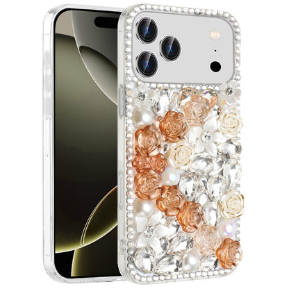 Phone Case for Apple iPhone 17 Pro Max (6.9") Rose Flower Full Diamond Bling Rhinestone Glitter Luxury Stylish Sparkle Protective Designer Hybrid Cover Gold