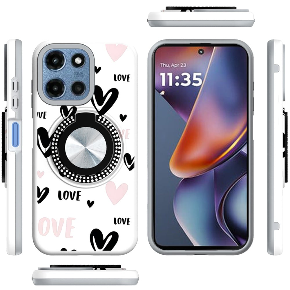 Phone Case for Motorola Moto G Play 5G 2026 Magnetic Ring Stand Matte Metal Hybrid Car Mount Friendly Shockproof Rotational Grip Diamond Design Pattern Cover Love Heart Love