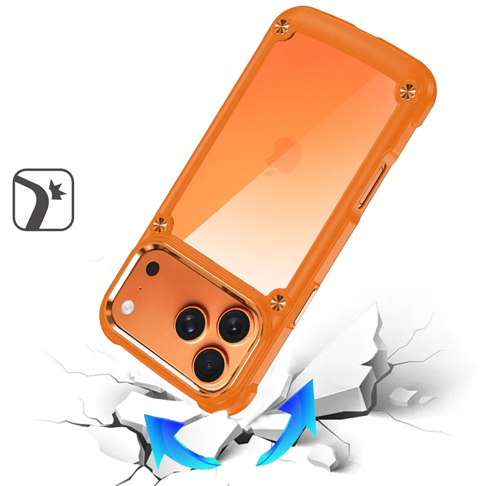 Phone Case for Apple iPhone 17 Pro Max (6.9") Transparent Hybrid Metal Button Camera Edge Shockproof Bumper Frame TPU Protective Slim Grip Durable Cover Cosmic Orange