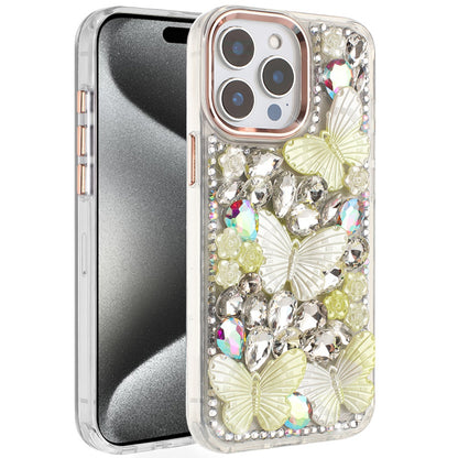 For Apple iPhone 12 Pro Max 3D Diamond Floral Butterfly Bling Stone Hybrid, Sparkly Rhinestone Gemstone Back Shockproof Case Cover
