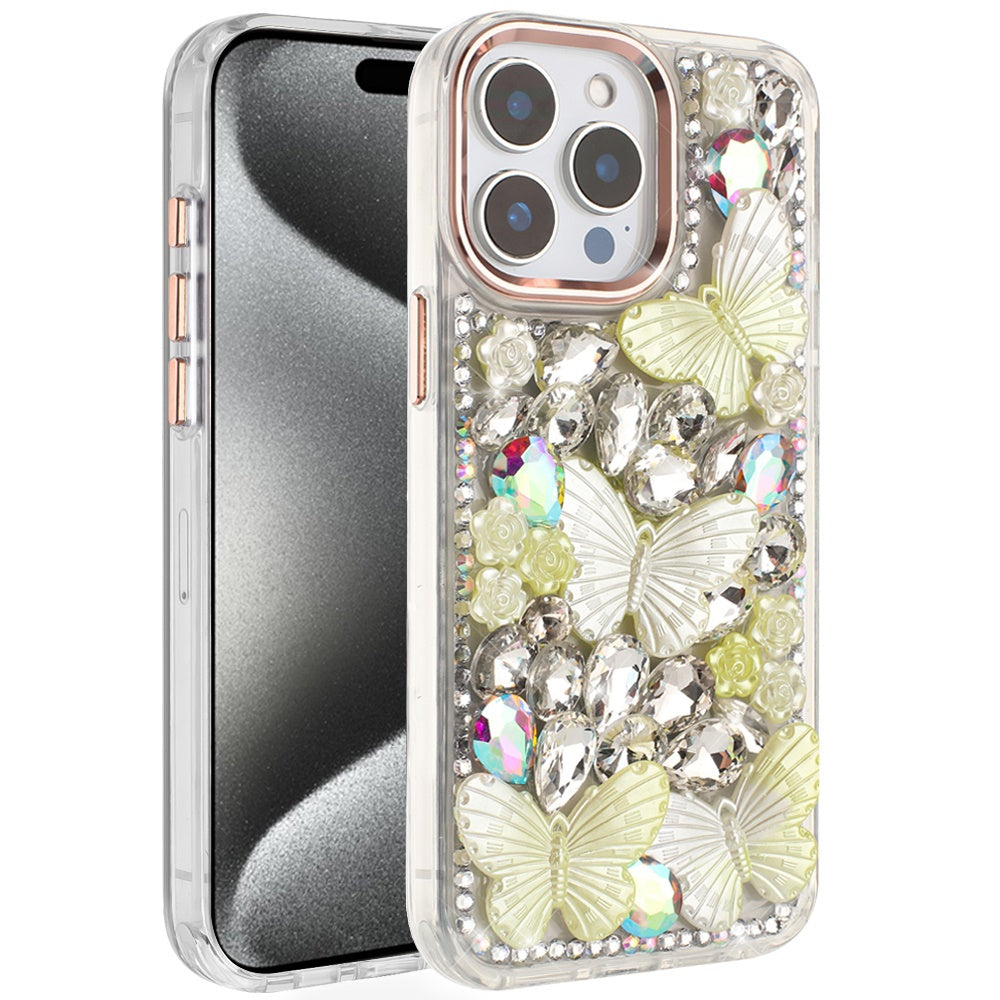 For Apple iPhone 13 Pro Max 3D Diamond Floral Butterfly Bling Stone Hybrid, Sparkly Rhinestone Gemstone Back Shockproof Case Cover