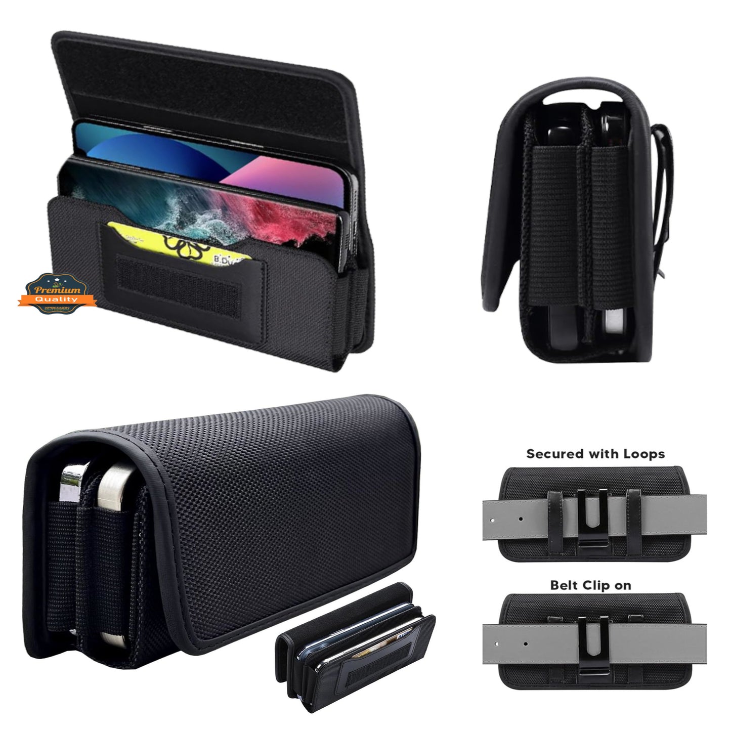For Apple iPhone 16 Pro (6.3") Universal Dual Phone Holster Horizontal Pouch for 2 Phones, Double Decker Belt Clip Case with Credit Card Slots Wallet Cover [Black]