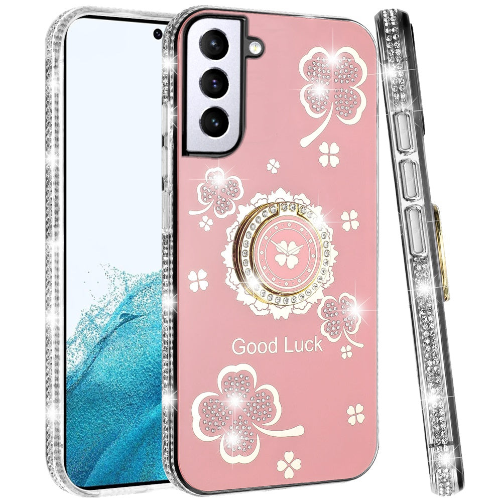For Samsung Galaxy S22 Diamonds Bling All Around Edges Sparkly Glitter Hybrid with Ring Stand Holder Fashion Good Luck Case Cover