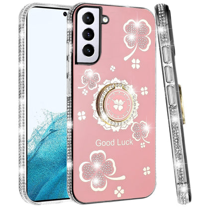 For Samsung Galaxy S22 Diamonds Bling All Around Edges Sparkly Glitter Hybrid with Ring Stand Holder Fashion Good Luck Case Cover