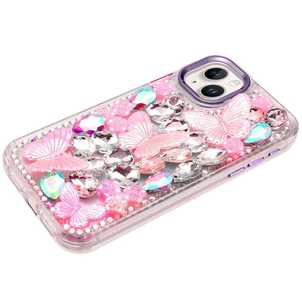For Apple iPhone 14 /13 3D Diamond Floral Butterfly Bling Stone Hybrid, Sparkly Rhinestone Gemstone Back Shockproof Case Cover