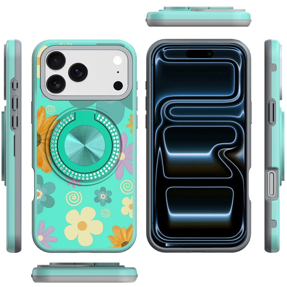 For Apple iPhone 17 Pro Max Pattern Design Hybrid with Invisible Ring Stand & Magnetic Back, Shockproof Protective Grip Case Cover