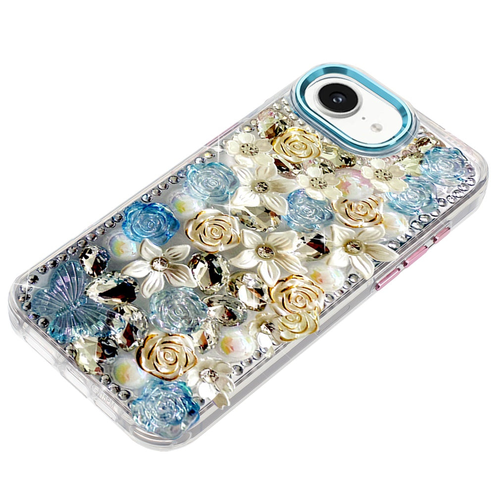 For Apple iPhone 17E /16E 3D Diamond Floral Roses Flower Bling Stone Hybrid, Sparkly Rhinestone Gemstone Back Shockproof Case Cover