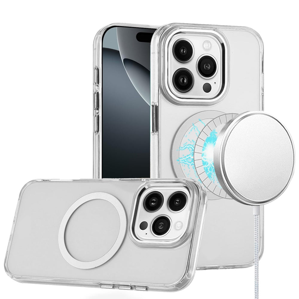 For Apple iPhone 16 Pro (6.3") Transparent Back Hybrid Case - Magnetic Circle, Color Frame, Metal Buttons, MagSafe Compatible Case Cover