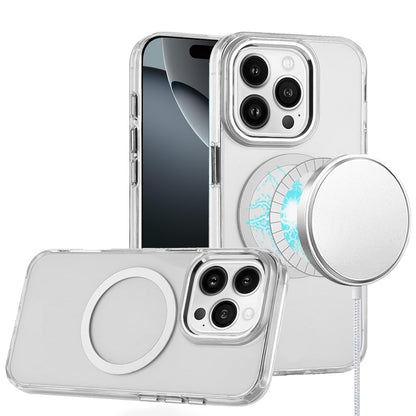 For Apple iPhone 16 Pro (6.3") Transparent Back Hybrid Case - Magnetic Circle, Color Frame, Metal Buttons, MagSafe Compatible Case Cover