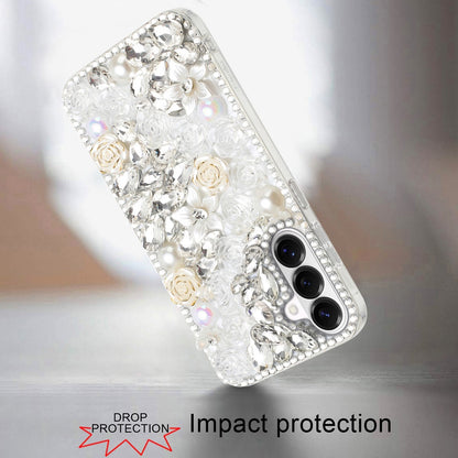 For Samsung Galaxy S26 Fashion Rose Flower Floral, 3D Bling Crystal Full Diamonds Pearl Sparkle Rhinestone Glitter Hybrid Case Cover