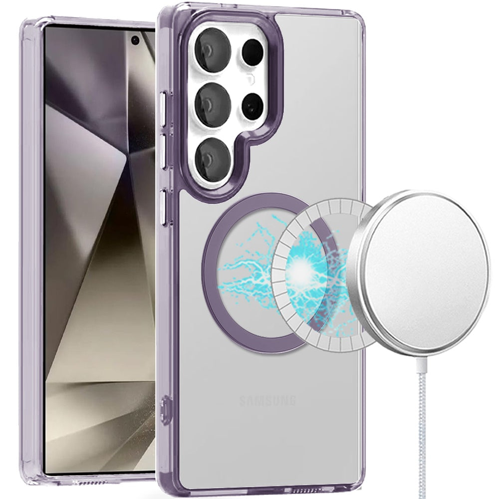 For Samsung Galaxy S25 Ultra Transparent Back Hybrid Case - Magnetic Circle, Color Frame, Metal Buttons, MagSafe Compatible Case Cover