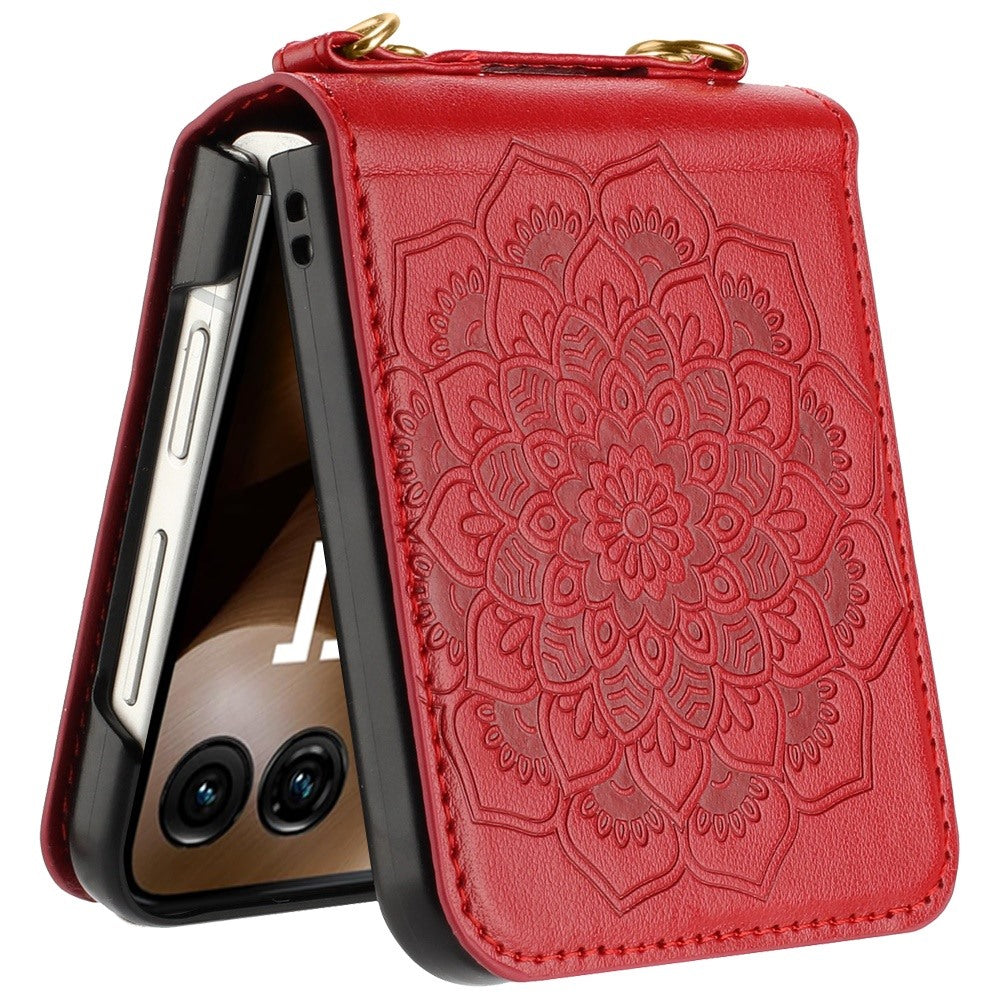 For Samsung Galaxy Z Flip 7 FE Embossed Floral PU Leather Henna Mandala Design Flip Cover with Strap, Hybrid Protective Case Cover Red