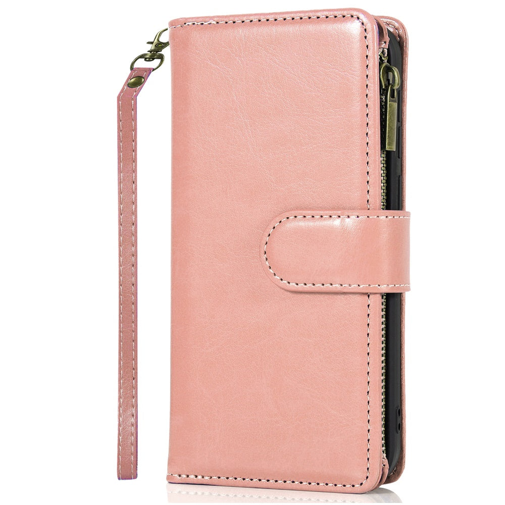 For Samsung Galaxy A57 Leather Wallet Case with Zipper, 9 Card Slots, Cash Pocket, Stand & Strap, Clutch Pouch Design Case Cover Rose Gold