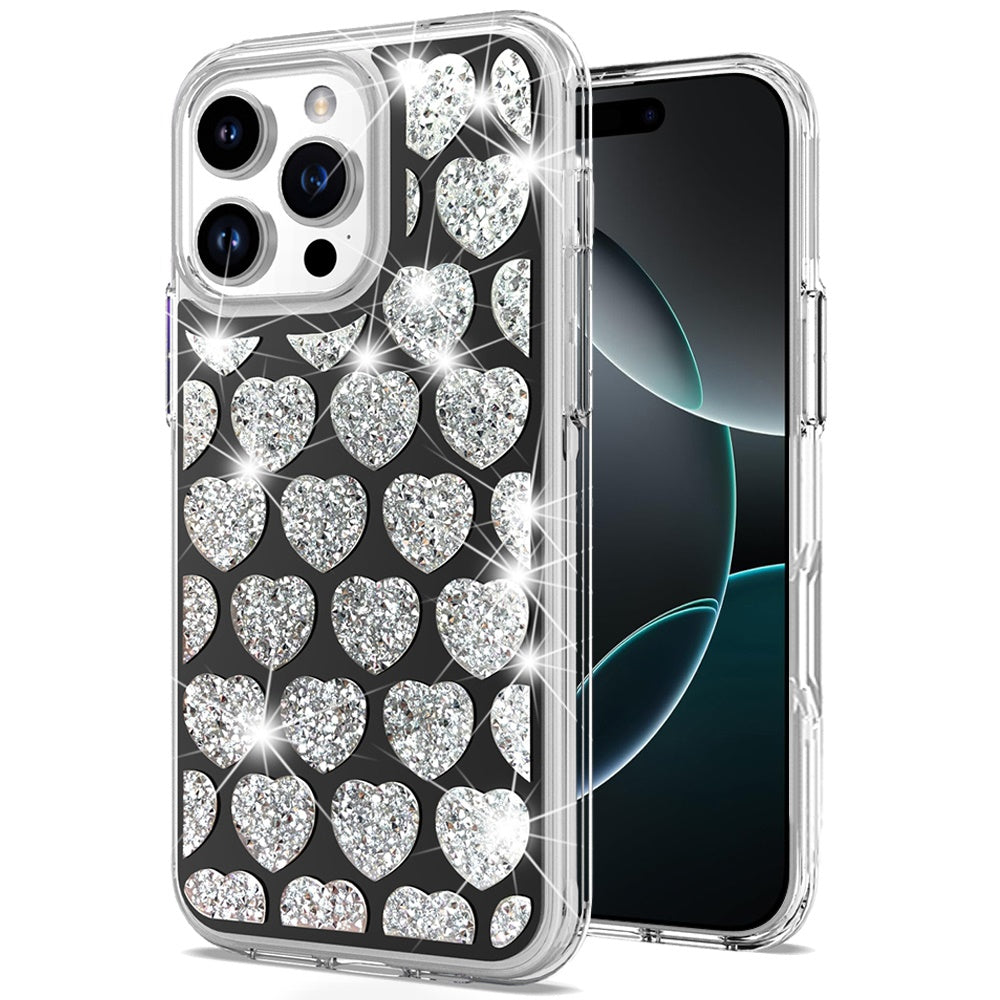 For Apple iPhone 16 Pro Max (6.9") Sparkly 3D Design Diamond Shockproof Protective Bling Rhinestone Hybrid Skin PC + TPU Case Cover