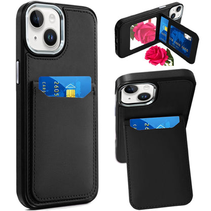For Apple iPhone 16 (6.1") PU Leather Wallet Cover with Credit Card Holder, Kickstand & Mirror Inside Slim Fit TPU & PC Hybrid Design Case Cover