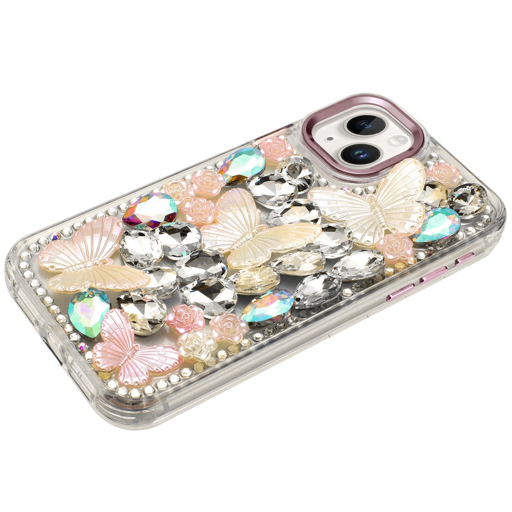 For Apple iPhone 16 (6.1") 3D Diamond Floral Butterfly Bling Stone Hybrid, Sparkly Rhinestone Gemstone Back Shockproof Case Cover