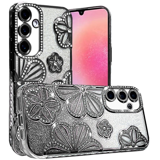 For Samsung Galaxy A26 Luxury Flower Design Sparkle Glitter Diamond Rhinestone Shimmer Bling Plating Thick TPU Hard PC Case Cover Flower Black