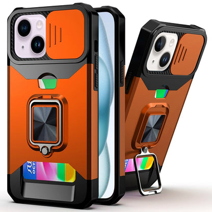 For iPhone 15 Plus (6.7") Wallet Case with Ring Stand & Slide Camera Cover Back Credit Card Slot Holder, Military Grade Case Cover Cosmic Orange