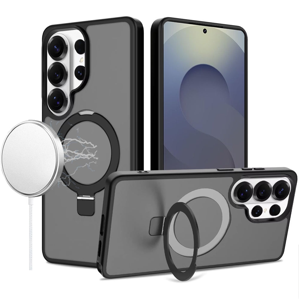 Phone Case for Samsung Galaxy S25 Ultra Magnetic Ring Stand Full Rotation Matte Shockproof Grip Anti Slip Durable Camera Protection Hybrid Cover Black