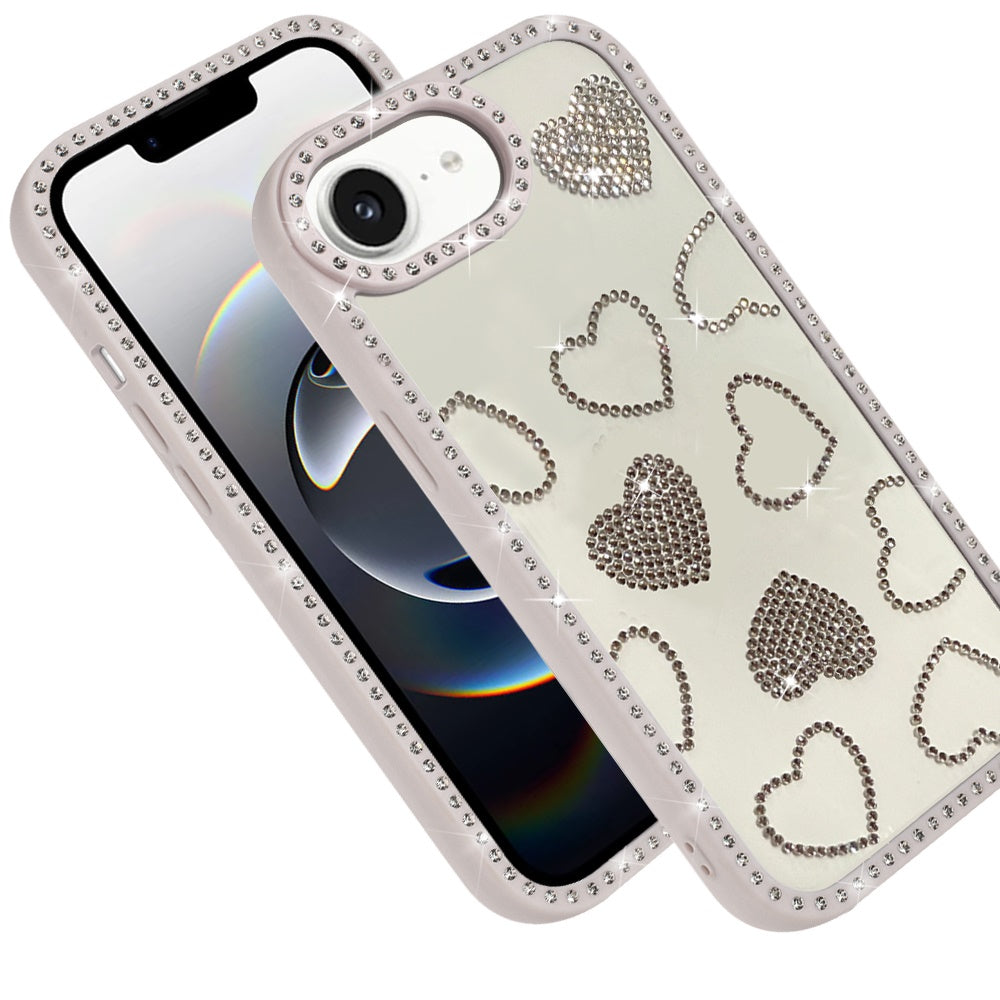 For Apple iPhone 17E /16E Spread Love Glitter Shimmer Bling Diamond Edge Hybrid Drop Protection Shockproof Design Case Cover Beige
