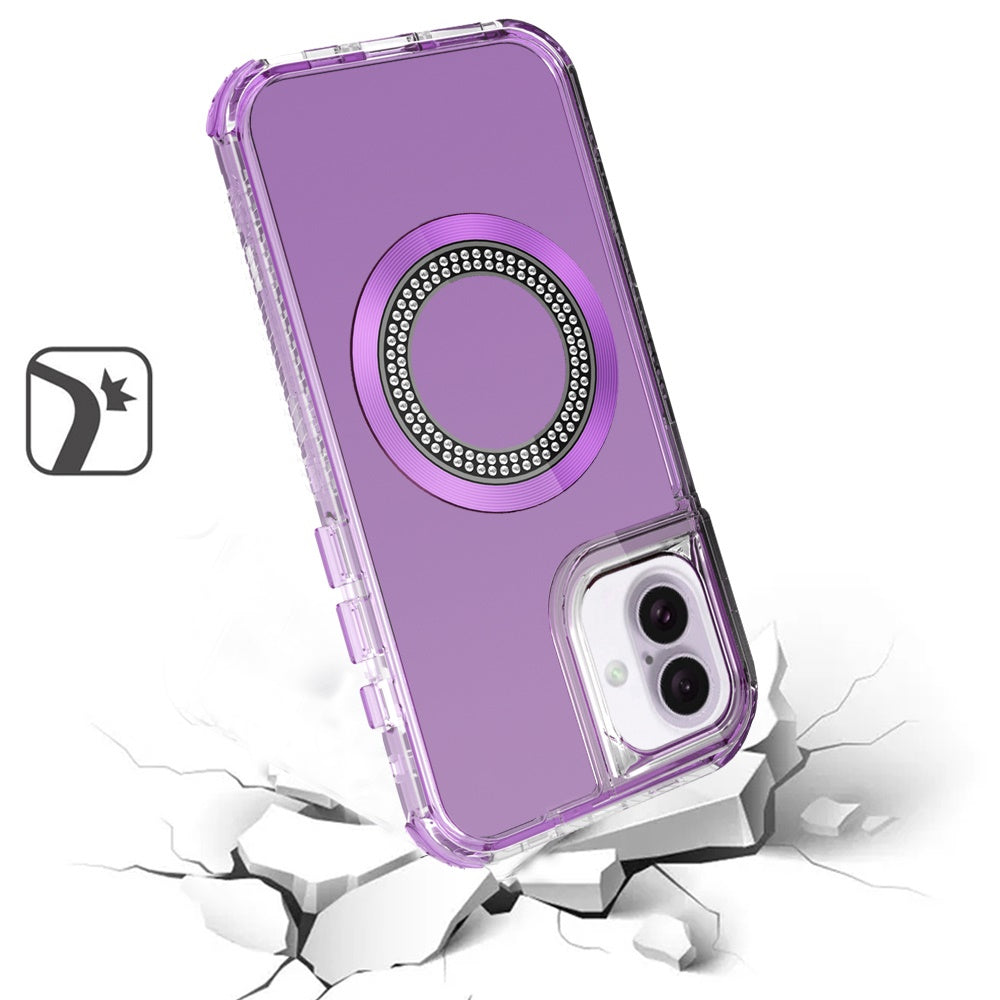 For iPhone 16 (6.1") Magnetic Circle Compatible with Magsafe, Hybrid Chrome 3in1 Transparent Shockproof TPU Bumper Case Cover Purple