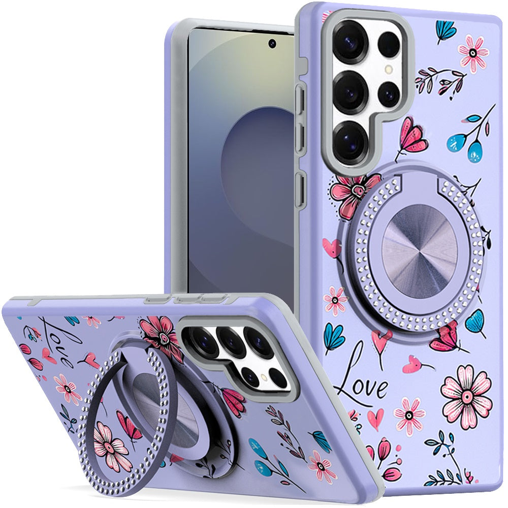 For Samsung Galaxy S25 Ultra Pattern Design Hybrid with Invisible Ring Stand & Magnetic Back, Shockproof Protective Grip Case Cover