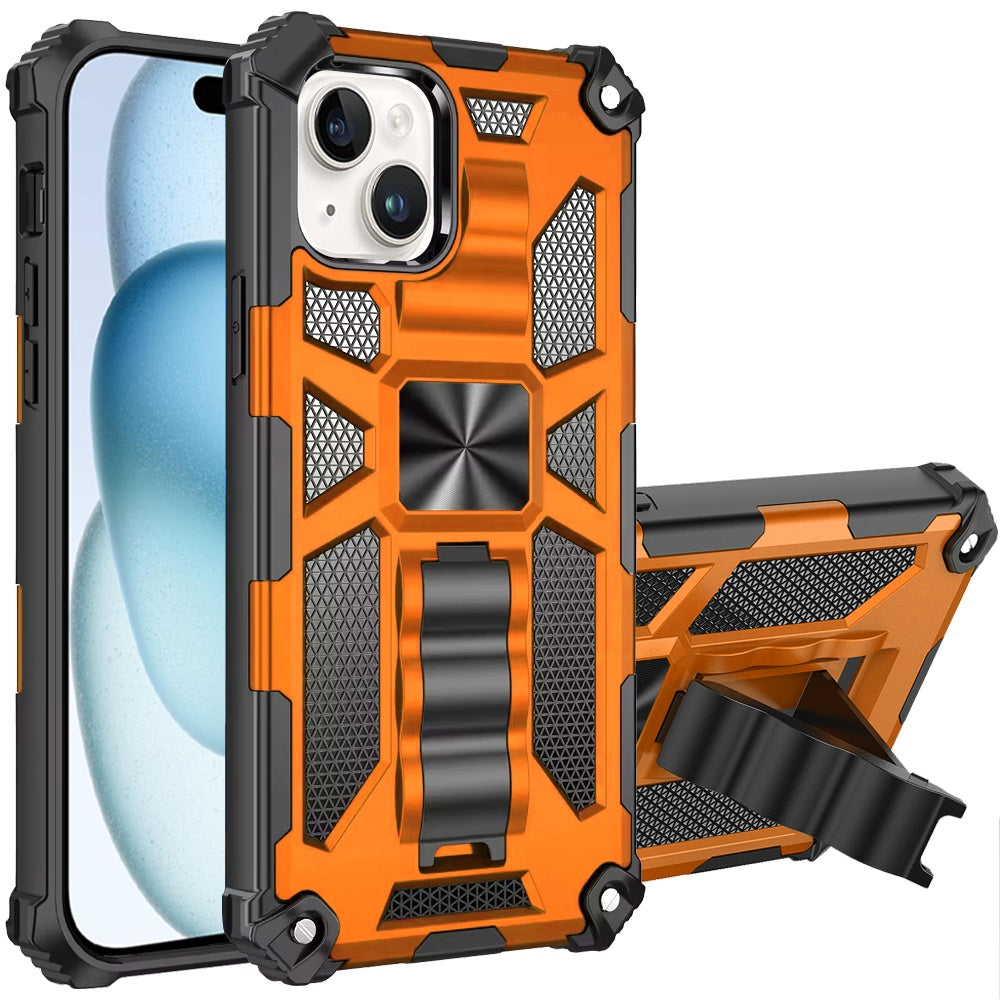 For iPhone 15 (6.1") Hybrid Shockproof [Military Grade] Rugged Protective with Magnetic Car Mount & Invisible Stand Case Cover Cosmic Orange