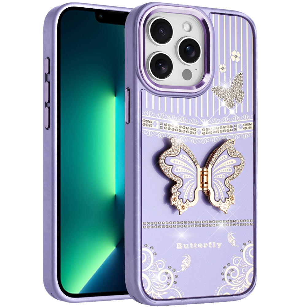 For Apple iPhone 13 Pro Max Glitter 3D Butterfly Design Bling Metallic Edge Hybrid Stand Drop Protection TPU Shockproof Case Cover Dark Purple