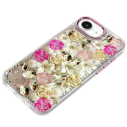 For Apple iPhone 17E /16E 3D Diamond Floral Roses Flower Bling Stone Hybrid, Sparkly Rhinestone Gemstone Back Shockproof Case Cover
