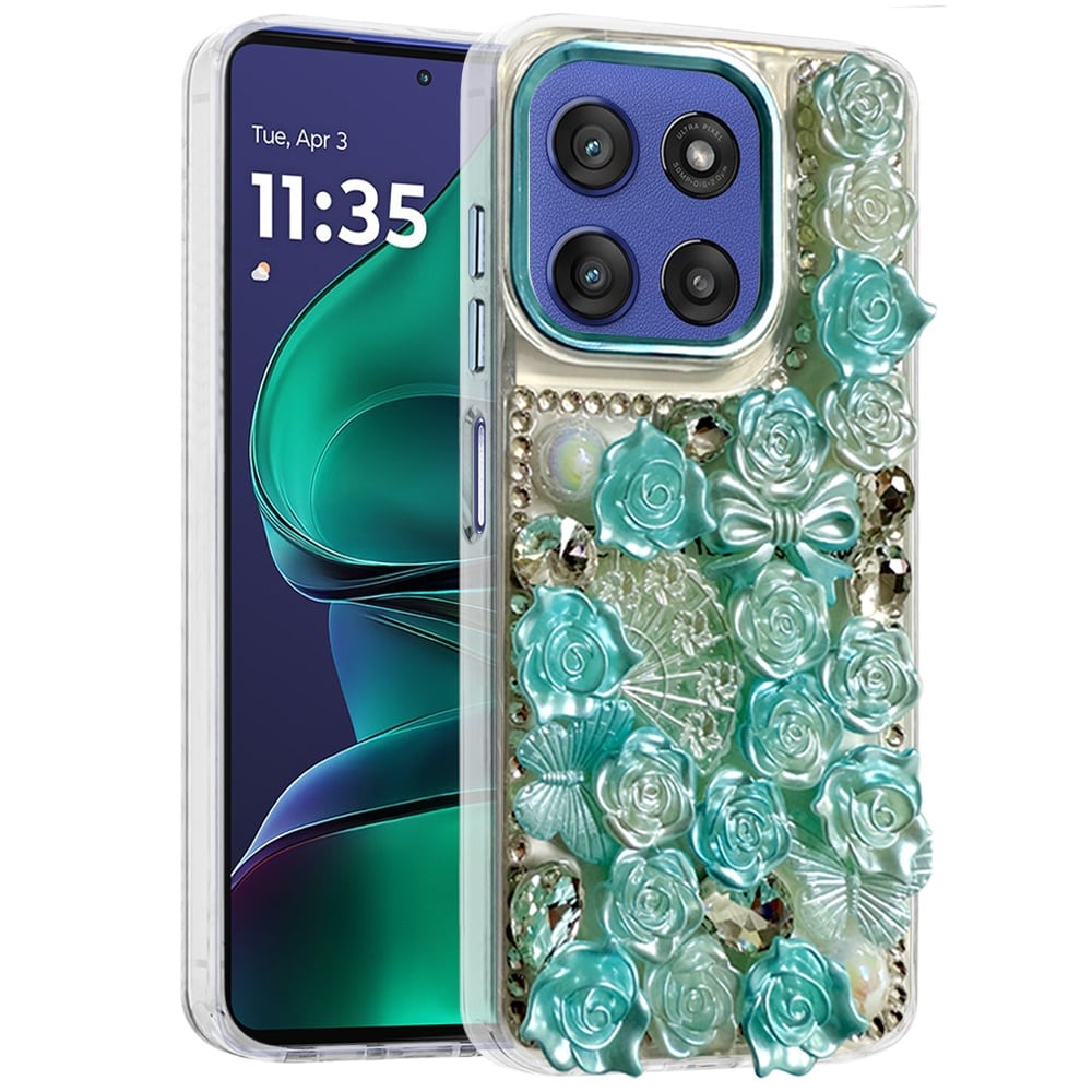 For Motorola Moto G Stylus 5G 2026 /2025 3D Diamond Floral Roses Flower Bling Stone Hybrid, Sparkly Rhinestone Gemstone Back Shockproof Case Cover