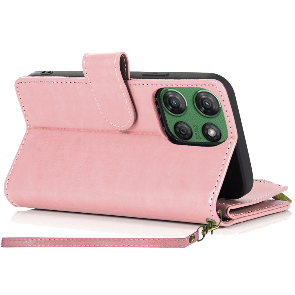 For Motorola Moto G Stylus 5G 2025 Leather Wallet Case with Zipper, 9 Card Slots, Cash Pocket, Stand & Strap, Clutch Pouch Design Case Cover Rose Gold