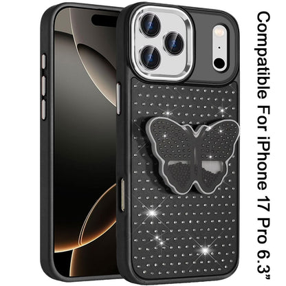 For Apple iPhone 17 Pro (6.3") Butterfly Moveable Grip 3D Pop Stand Full Diamond Bling Sparkling TPU Fashion Hybrid Case Cover