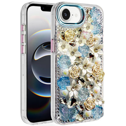 For Apple iPhone 17E /16E 3D Diamond Floral Roses Flower Bling Stone Hybrid, Sparkly Rhinestone Gemstone Back Shockproof Case Cover