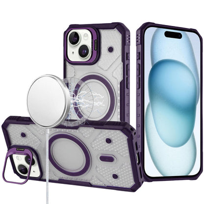 For Apple iPhone 15 Transparent Tough Dotted Magnetic Case with Camera Stand & Hybrid Grip Shockproof Case Cover