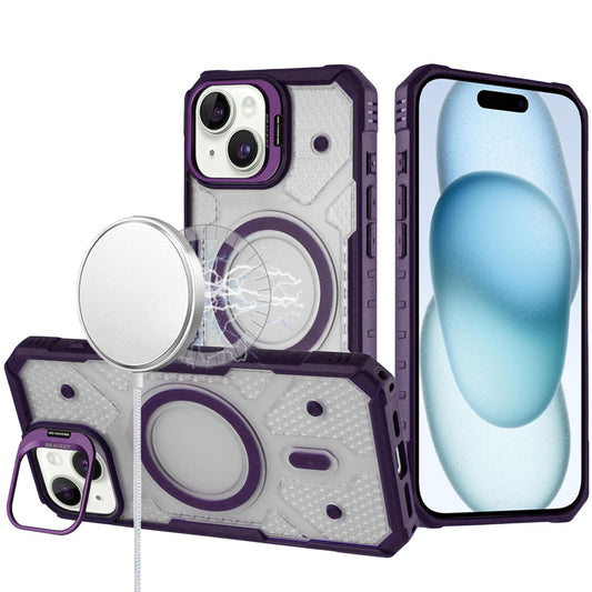 For Apple iPhone 14 /13 Transparent Tough Dotted Magnetic Case with Camera Stand & Hybrid Grip Shockproof Case Cover
